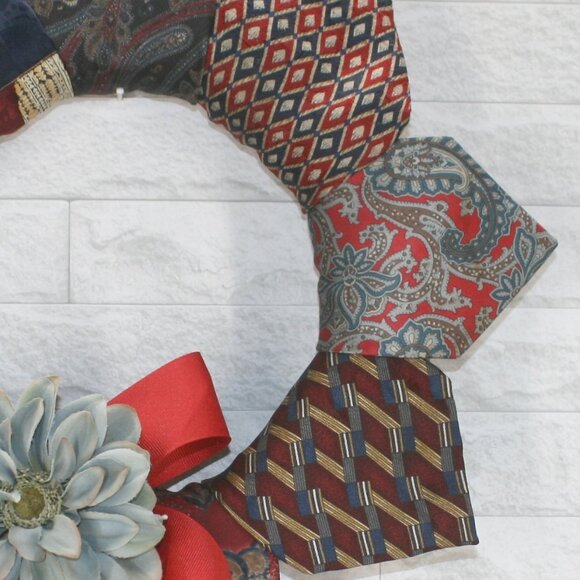 HAND CRAFTED Wreath Upcycled Necktie Christmas Holiday Red Floral Decor - Picture 5 of 11